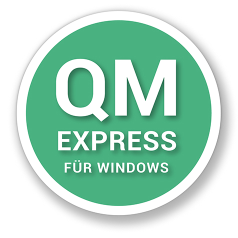 Grafisches Element, grüner Button mit weißem Schriftzug „QM Express".